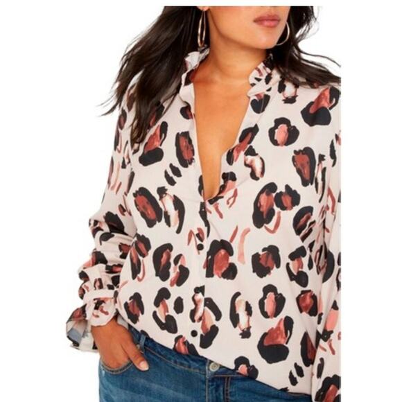 Eloquii Panthera SZ 22 Silky Animal Print Blouse Career Work Office Ruffle - Picture 3 of 8